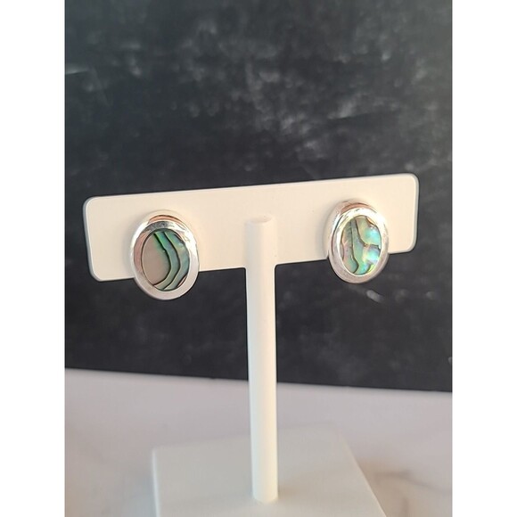 Mexican 925 Sterling Silver Abalone Shell Oval Shaped Pierced Earrings Vintage - Picture 4 of 10